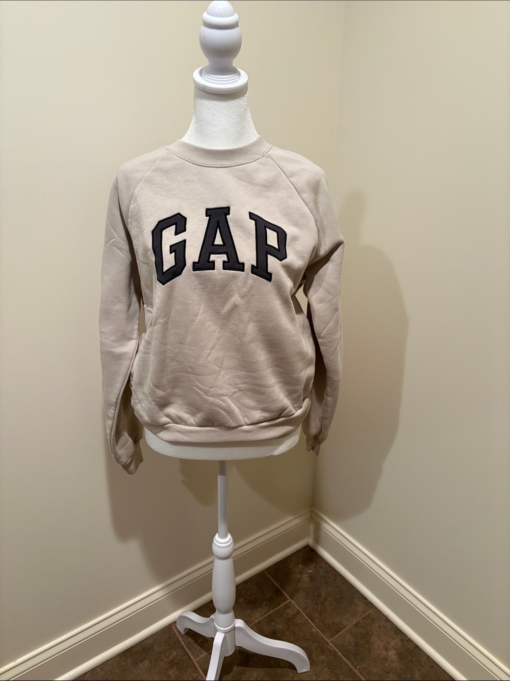 GAP Neutral Beige Crewneck with Gray Lettering
